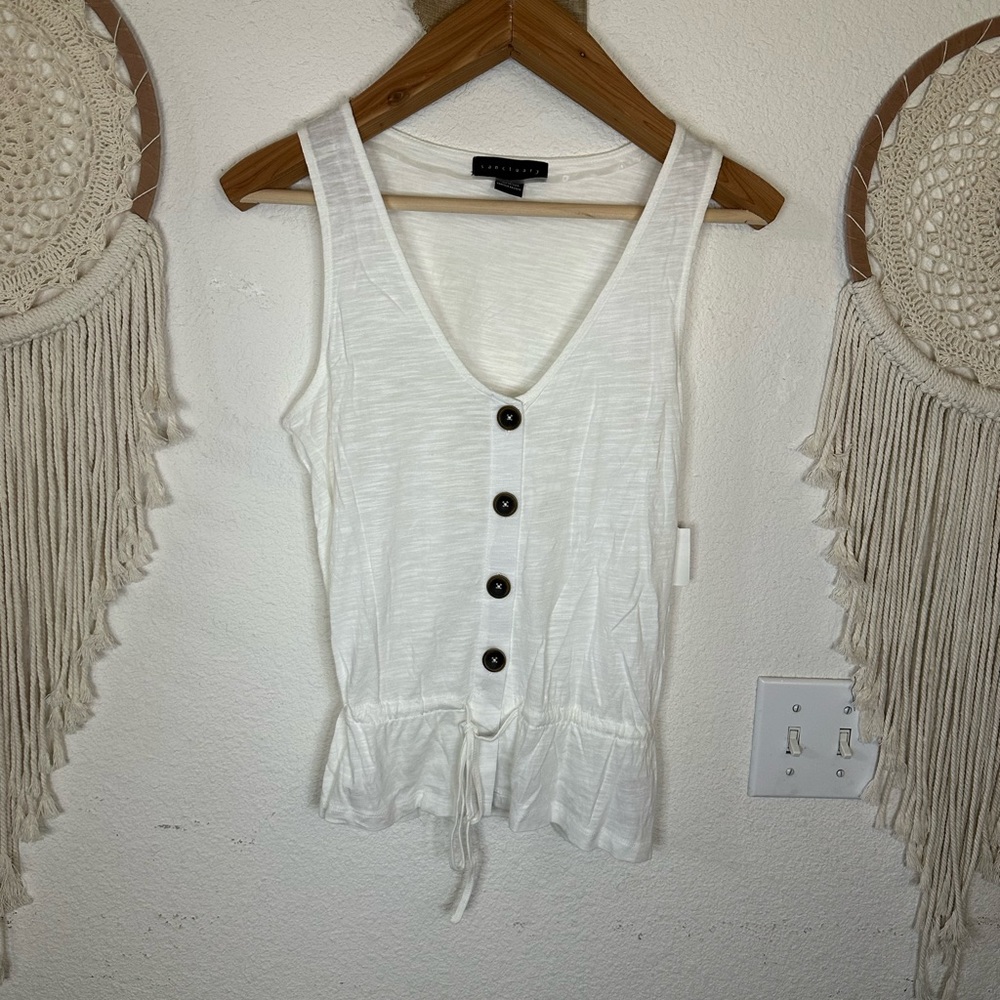 Sanctuary white button detail tie waist ruffle bottom tank top XS